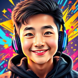 A vibrant and eye-catching portrait of a Chinese teenage boy wearing gaming headphones