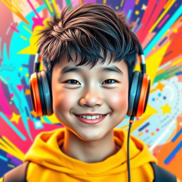 A vibrant and eye-catching portrait of a Chinese teenage boy wearing gaming headphones