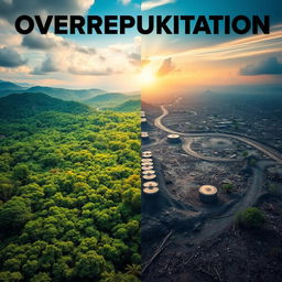 A visually striking representation of overexploitation, depicting a vibrant forest with rich biodiversity that is being rapidly diminished due to human activities such as logging, mining, and overfishing