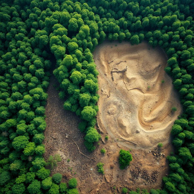 A visually striking representation of overexploitation, depicting a vibrant forest with rich biodiversity that is being rapidly diminished due to human activities such as logging, mining, and overfishing