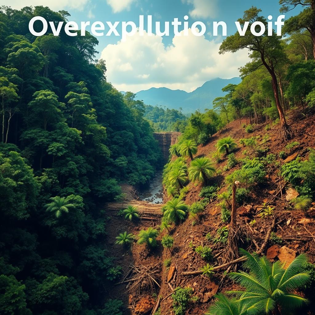 A visually striking representation of overexploitation, depicting a vibrant forest with rich biodiversity that is being rapidly diminished due to human activities such as logging, mining, and overfishing