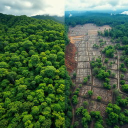 A visually striking representation of overexploitation, depicting a vibrant forest with rich biodiversity that is being rapidly diminished due to human activities such as logging, mining, and overfishing