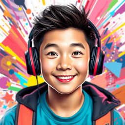 A vibrant and eye-catching portrait of a Chinese teenage boy wearing gaming headphones