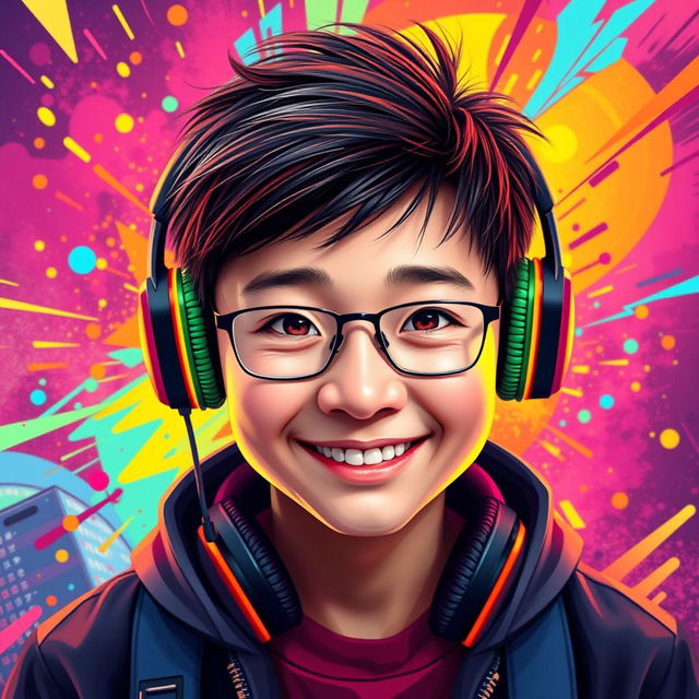 A vibrant and eye-catching portrait of a Chinese teenage boy wearing gaming headphones