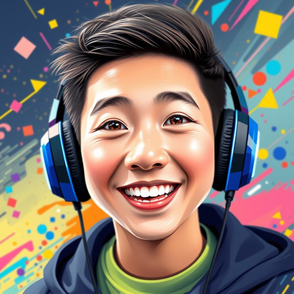 A vibrant and eye-catching portrait of a Chinese teenage boy wearing gaming headphones