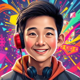 A vibrant and eye-catching portrait of a Chinese teenage boy wearing gaming headphones