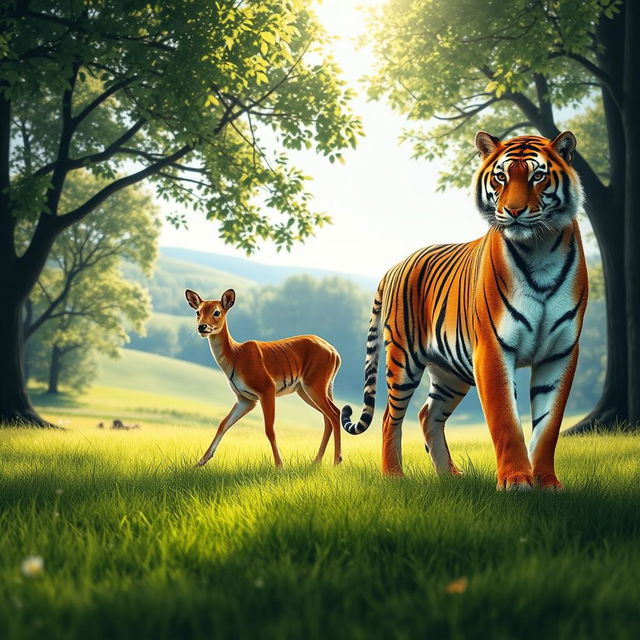 A serene landscape capturing the essence of balance between a gentle deer and a bold tiger