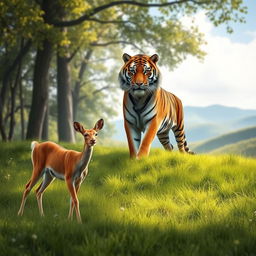 A serene landscape capturing the essence of balance between a gentle deer and a bold tiger