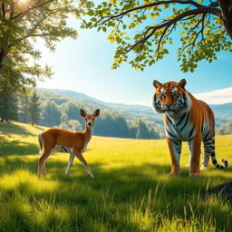 A serene landscape capturing the essence of balance between a gentle deer and a bold tiger