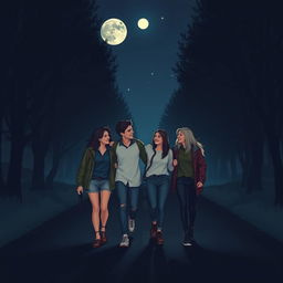 Four friends walking together on a dark, moonlit road