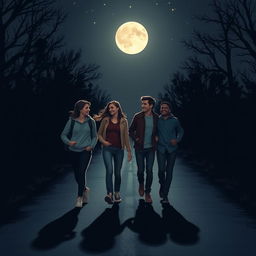 Four friends walking together on a dark, moonlit road