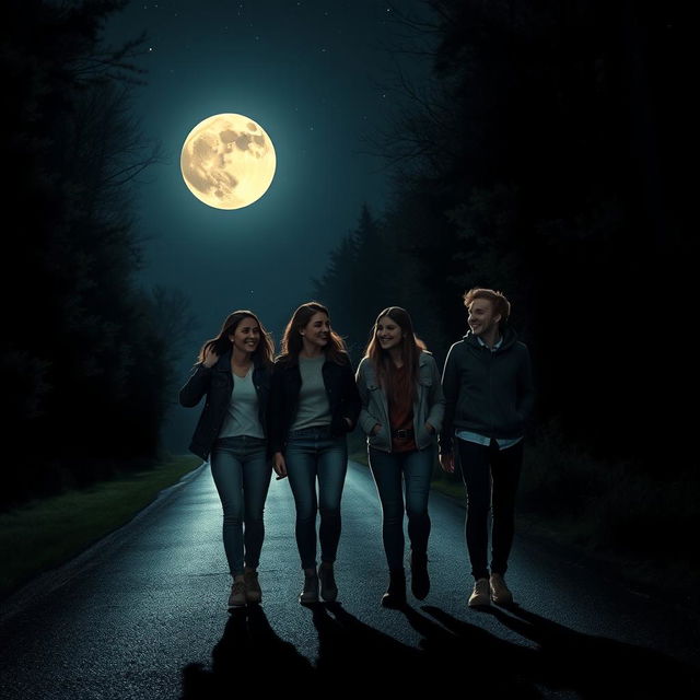 Four friends walking together on a dark, moonlit road