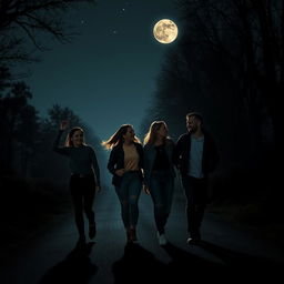 Four friends walking together on a dark, moonlit road