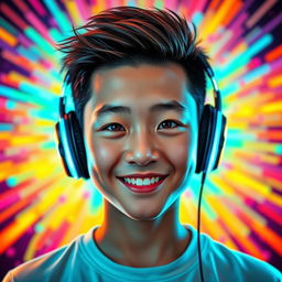 A vibrant and eye-catching portrait of a Chinese teenage boy wearing gaming headphones