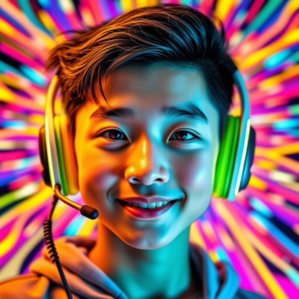 A vibrant and eye-catching portrait of a Chinese teenage boy wearing gaming headphones