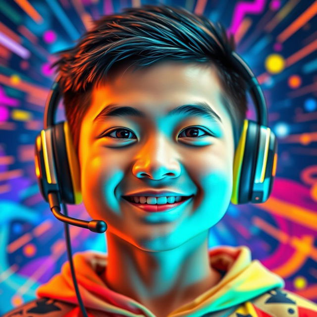 A vibrant and eye-catching portrait of a Chinese teenage boy wearing gaming headphones