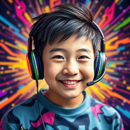 A vibrant and eye-catching portrait of a Chinese teenage boy wearing gaming headphones