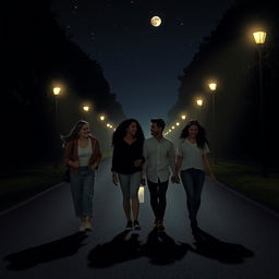 Four friends walking together on a dark, moonlit road, with a shadowy figure lurking behind them