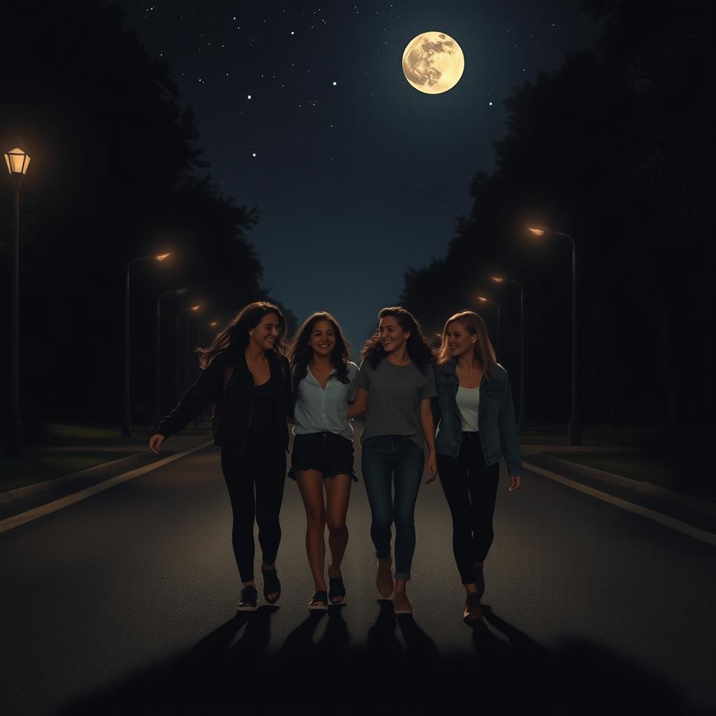 Four friends walking together on a dark, moonlit road, with a shadowy figure lurking behind them