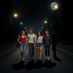 Four friends walking together on a dark, moonlit road, with a shadowy figure lurking behind them