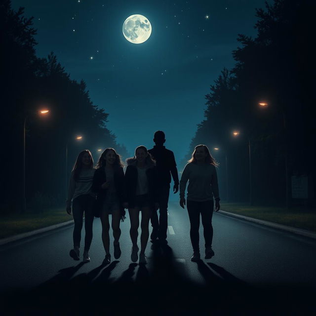 Four friends walking together on a dark, moonlit road, with a shadowy figure lurking behind them