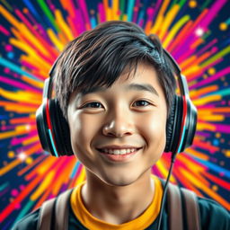 A vibrant and eye-catching portrait of a Chinese teenage boy with a unique 'buco' nose that extends from his forehead down to the tip of his nose, creating a distinctive appearance