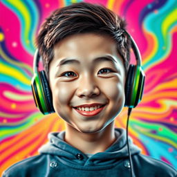 A vibrant and eye-catching portrait of a Chinese teenage boy with a unique 'buco' nose that extends from his forehead down to the tip of his nose, creating a distinctive appearance