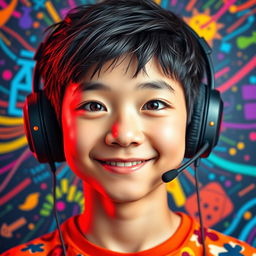 A vibrant and eye-catching portrait of a Chinese teenage boy with a unique 'buco' nose that extends from his forehead down to the tip of his nose, creating a distinctive appearance