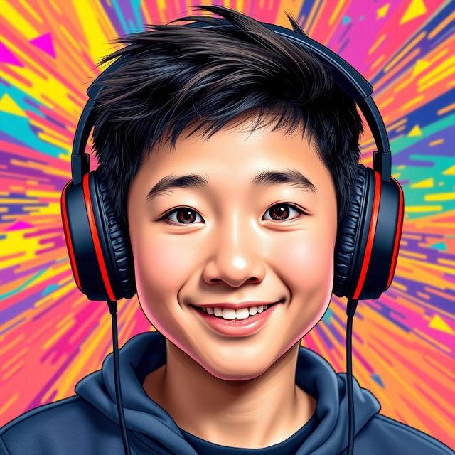 A vibrant and eye-catching portrait of a Chinese teenage boy with a unique 'buco' nose that extends from his forehead down to the tip of his nose, creating a distinctive appearance