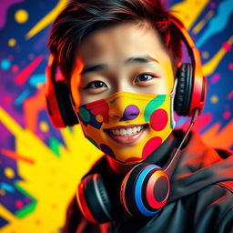 A colorful and striking portrait of a Chinese teenage boy featuring a unique 'nasobuco' (face mask) and wearing stylish gaming headphones