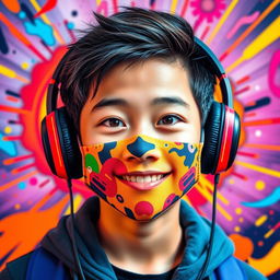 A colorful and striking portrait of a Chinese teenage boy featuring a unique 'nasobuco' (face mask) and wearing stylish gaming headphones