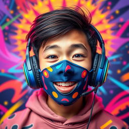 A colorful and striking portrait of a Chinese teenage boy featuring a unique 'nasobuco' (face mask) and wearing stylish gaming headphones