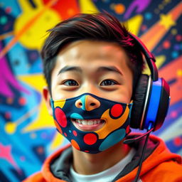 A colorful and striking portrait of a Chinese teenage boy featuring a unique 'nasobuco' (face mask) and wearing stylish gaming headphones