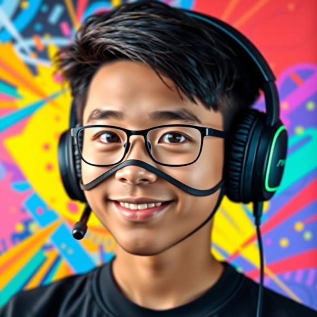 A colorful and striking portrait of a Chinese teenage boy wearing a sleek black 'nasobuco' (face mask) and stylish gaming headphones