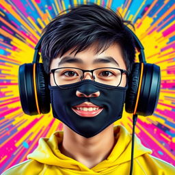 A colorful and striking portrait of a Chinese teenage boy wearing a sleek black 'nasobuco' (face mask) and stylish gaming headphones