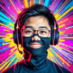 A colorful and striking portrait of a Chinese teenage boy wearing a sleek black 'nasobuco' (face mask) and stylish gaming headphones