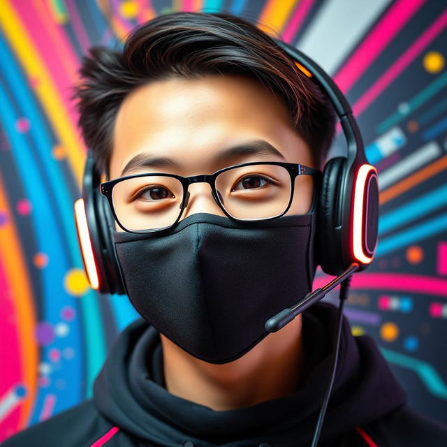 A colorful and striking portrait of a Chinese teenage boy wearing a sleek black 'nasobuco' (face mask) and stylish gaming headphones