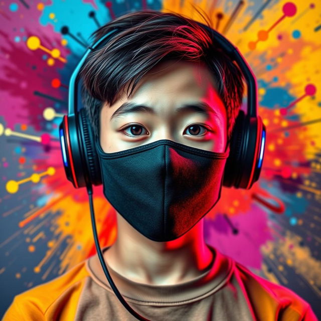 A colorful and striking portrait of a Chinese teenage boy wearing a sleek black 'nasobuco' (face mask) that covers his mouth and chin, leaving his eyes and forehead visible