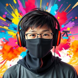A colorful and striking portrait of a Chinese teenage boy wearing a sleek black 'nasobuco' (face mask) that covers his mouth and chin, leaving his eyes and forehead visible