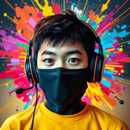 A colorful and striking portrait of a Chinese teenage boy wearing a sleek black 'nasobuco' (face mask) that covers his mouth and chin, leaving his eyes and forehead visible