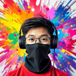 A colorful and striking portrait of a Chinese teenage boy wearing a sleek black 'nasobuco' (face mask) that covers his mouth and chin, leaving his eyes and forehead visible