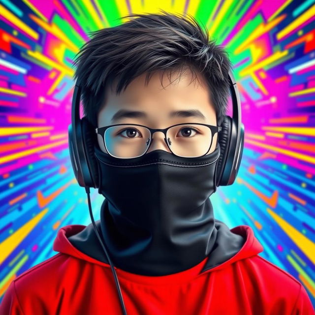 A colorful and striking portrait of a Chinese teenage boy with a sleek black 'nasobuco' (face mask) that covers his mouth and chin, leaving his eyes and forehead visible