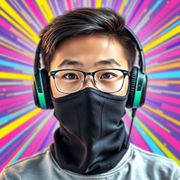 A colorful and striking portrait of a Chinese teenage boy with a sleek black 'nasobuco' (face mask) that covers his mouth and chin, leaving his eyes and forehead visible