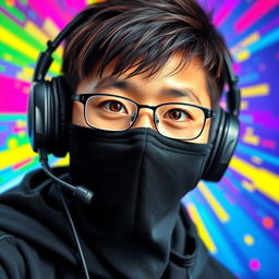A colorful and striking portrait of a Chinese teenage boy with a sleek black 'nasobuco' (face mask) that covers his mouth and chin, leaving his eyes and forehead visible