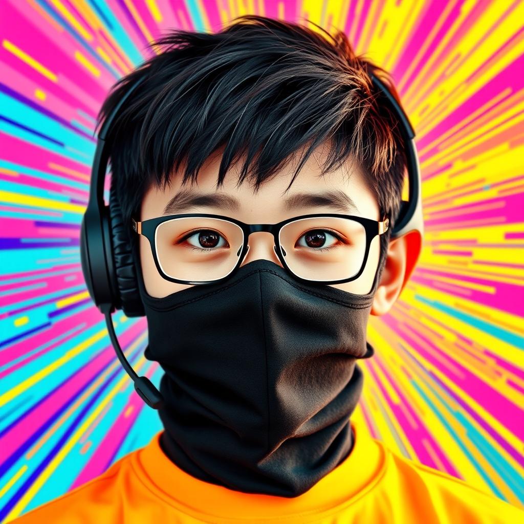 A colorful and striking portrait of a Chinese teenage boy with a sleek black 'nasobuco' (face mask) that covers his mouth and chin, leaving his eyes and forehead visible