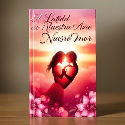 A captivating book cover titled "El Latido de Nuestro Amor" which features a romantic scene with two intertwined hearts, surrounded by soft, glowing light