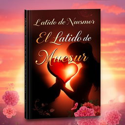 A captivating book cover titled "El Latido de Nuestro Amor" which features a romantic scene with two intertwined hearts, surrounded by soft, glowing light