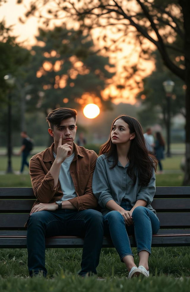 Aidan and Clara, a young couple sitting on a bench in a serene park, deep in thought and reflection