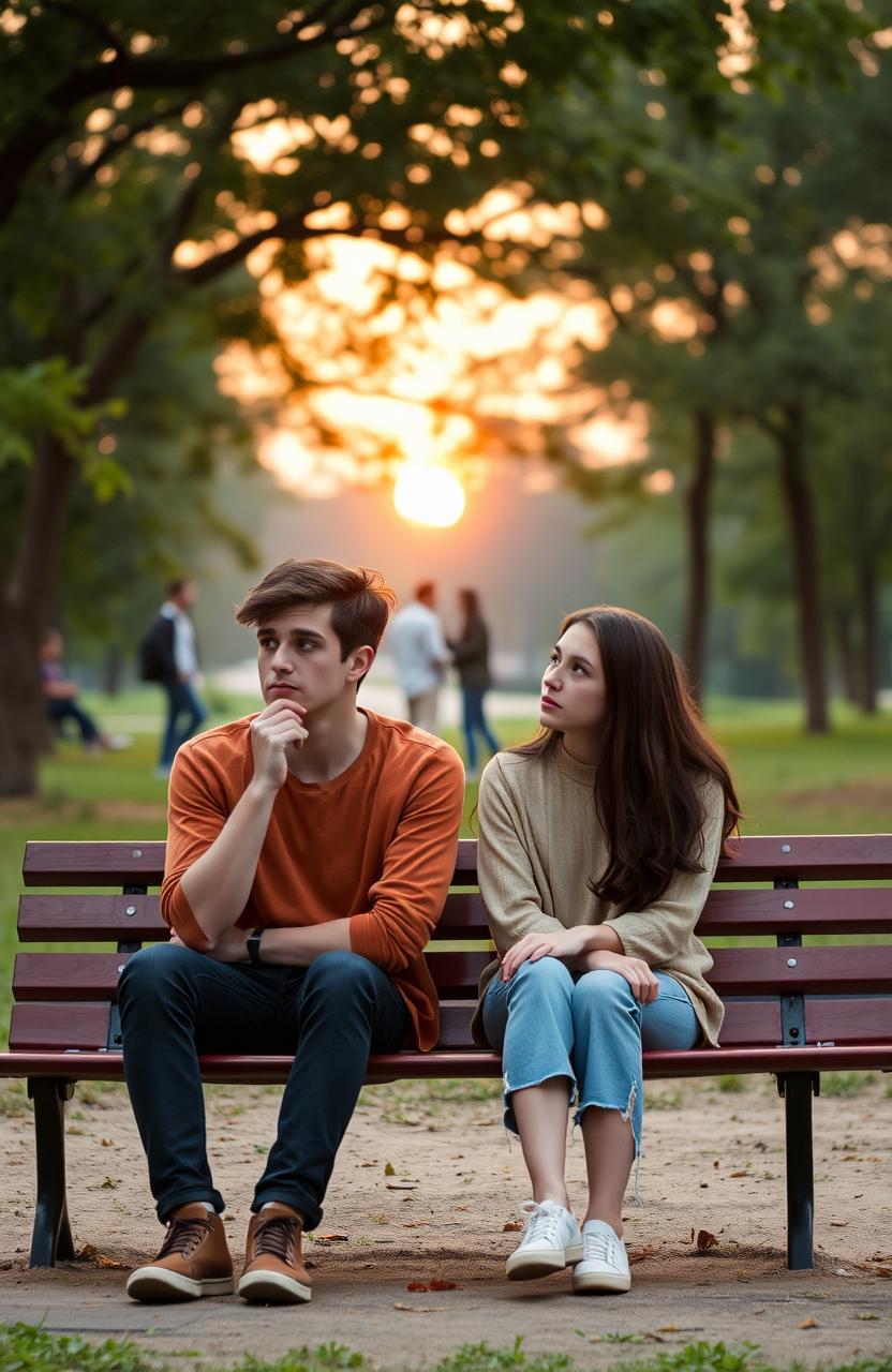 Aidan and Clara, a young couple sitting on a bench in a serene park, deep in thought and reflection