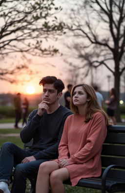 Aidan and Clara, a young couple sitting on a bench in a serene park, deep in thought and reflection